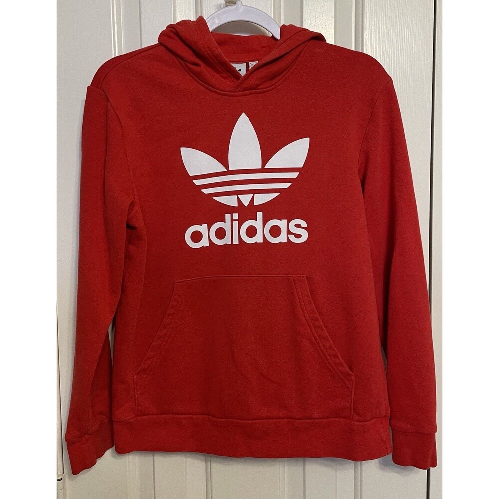 Adidas Trefoil Hoodie Boys Large Red Pullover Sweatshirt Logo  Excellent